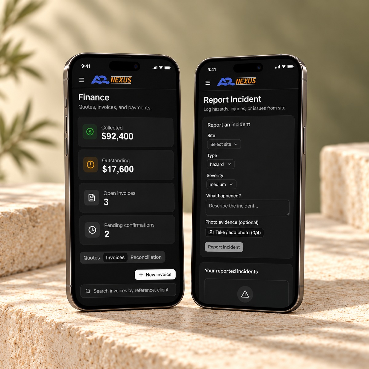 A2 Nexus mobile finance and field-reporting tools on two phones