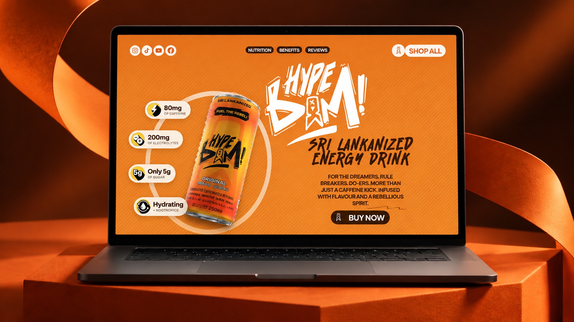 Hype Bam interactive product website on a laptop in an orange studio mockup